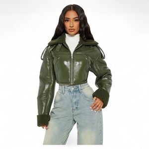 Bad Influence Faux Leather Cropped Jacket - Olive S